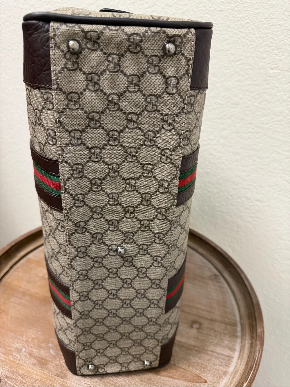 Gucci Beige GG Canvas Travel/Briefcase with Brown Leather and Green-Red Web
